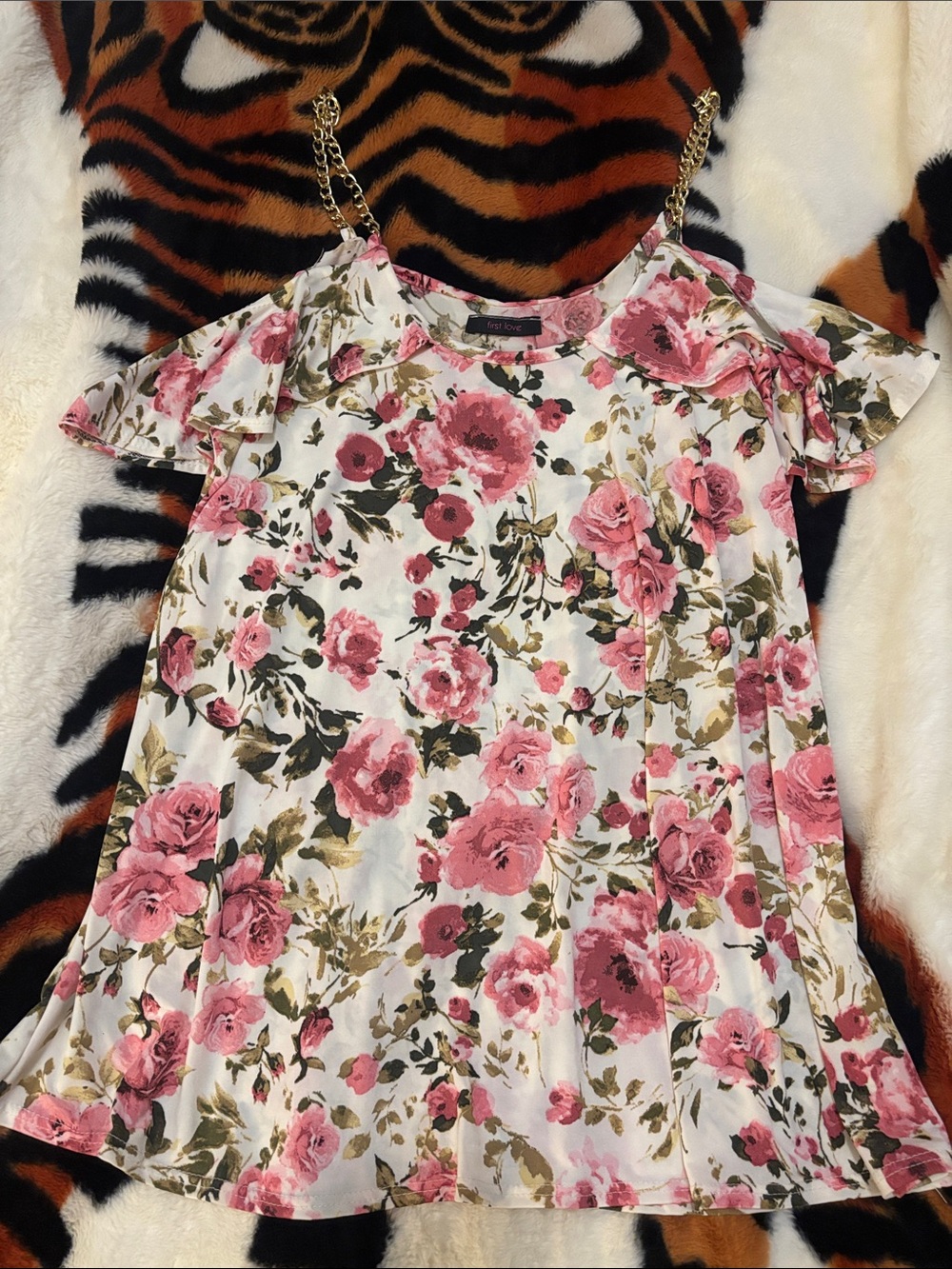 Floral Pink Cold-Shoulder Women’s Top with Chain Straps
